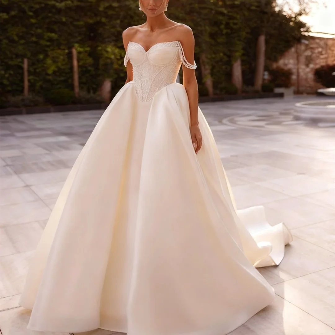 

Customized Elegant Satin Wedding Dress Soft Sweetheart Off the Shoulder Bridal Gown Formal Bride Porm Party Gowns