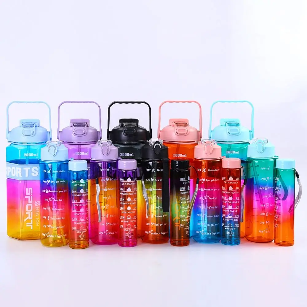 

Three Piece Set Sports Water Bottle Set Hexagon Large Capacity Leak Proof Colorful Cup Gradient Color Transparent