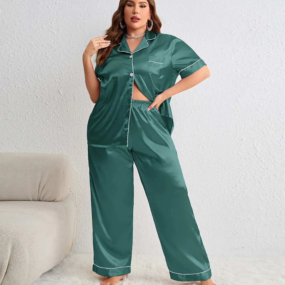 Solid Color Lapel Sleepwear Silk Imitation Nightgown Half Sleeve Long Pant Pajamas Two-piece Set Home Casual Clothes for Women