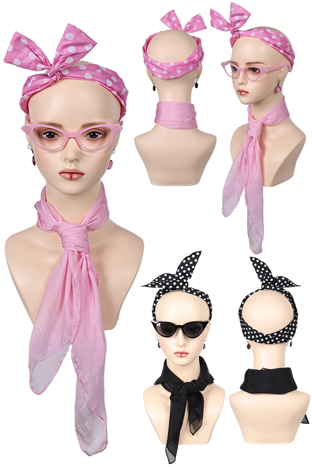 1950s Grease Pink Ladies Headband Glasses Earrings Scarf Movie Cosplay Costume Accessroies Retro Women Fantasia Masquerade Props