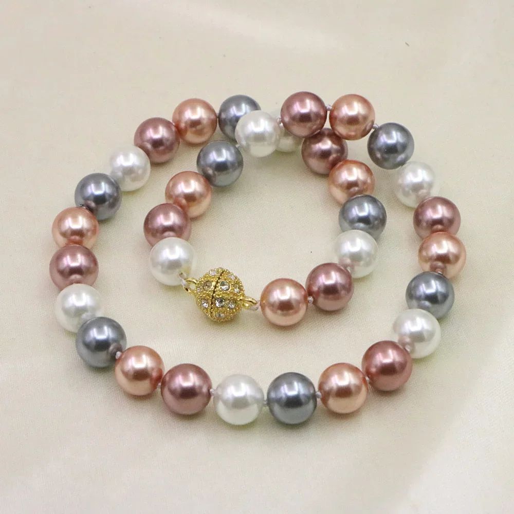 Pearl Jewelry For Women 12mm Grace Multicolor Round Bead Shell Pearl Necklace Magnet Clasp AAA Design Handmade Birthday Gift