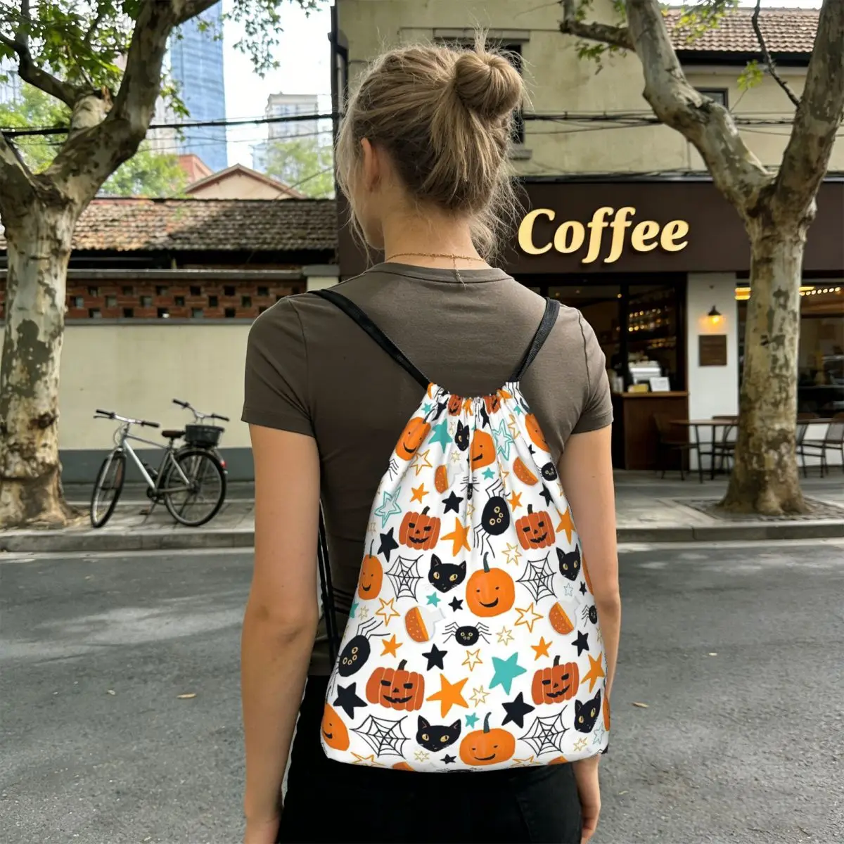 Cute Cat Pumpkin And Spider Web Halloween Backpacks Casual Drawstring Bags Sports Bag Book Bags for Man Woman School