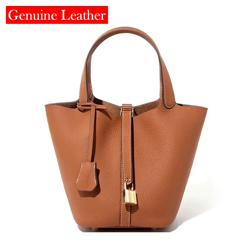 

Genuine Leather Women Handbags Small Bucket Basket To-handle Bags Litchi Pattern Tote Ladies Shoulder Bag Wedding Bags for Women