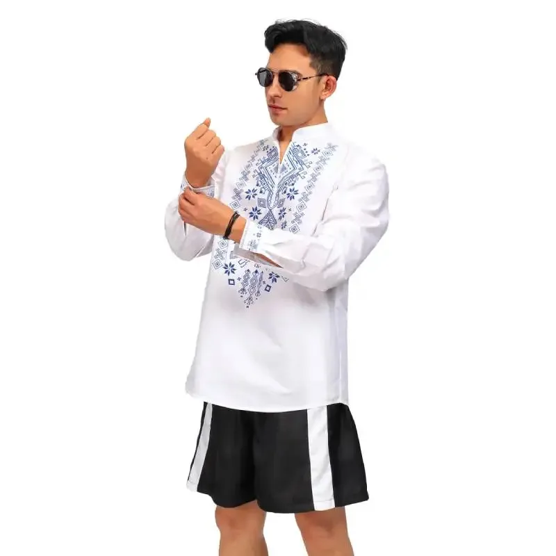 DAZCOS Herren Dashiki Print Henley Shirt Slim Fit Weißes Langarm-T-Shirt mit halbem Reißverschluss für lässige Strandparty Hippie-Blumendruck