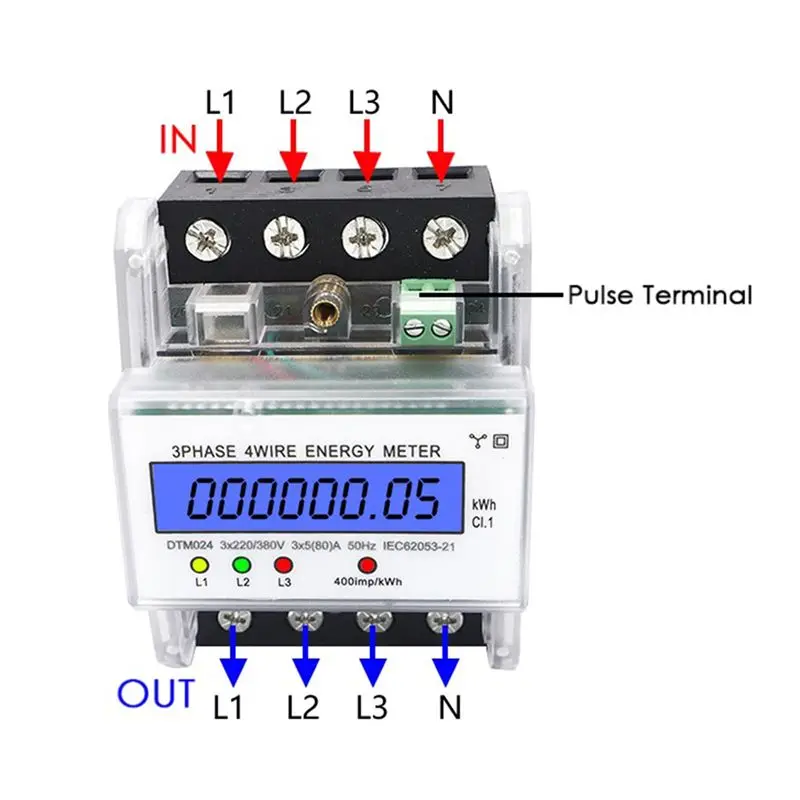 4X 3 Phase 4 Wire Energy Meter 220/380V 5-80A Energy Consumption Kwh Meter DIN Rail Installation Digital Power Meter-A68E