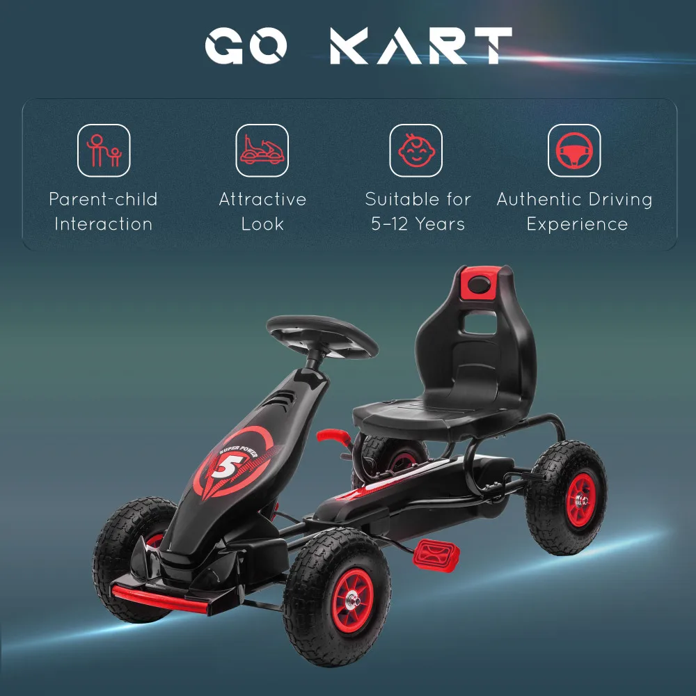 لعبة سيارة Aosom Kids Pedal Go Kart للركوب مع مداس قوي مقاوم للاهتراء مع نظام تعليق فرامل اليد الآمن للأعمار من 5 إلى 12 عامًا