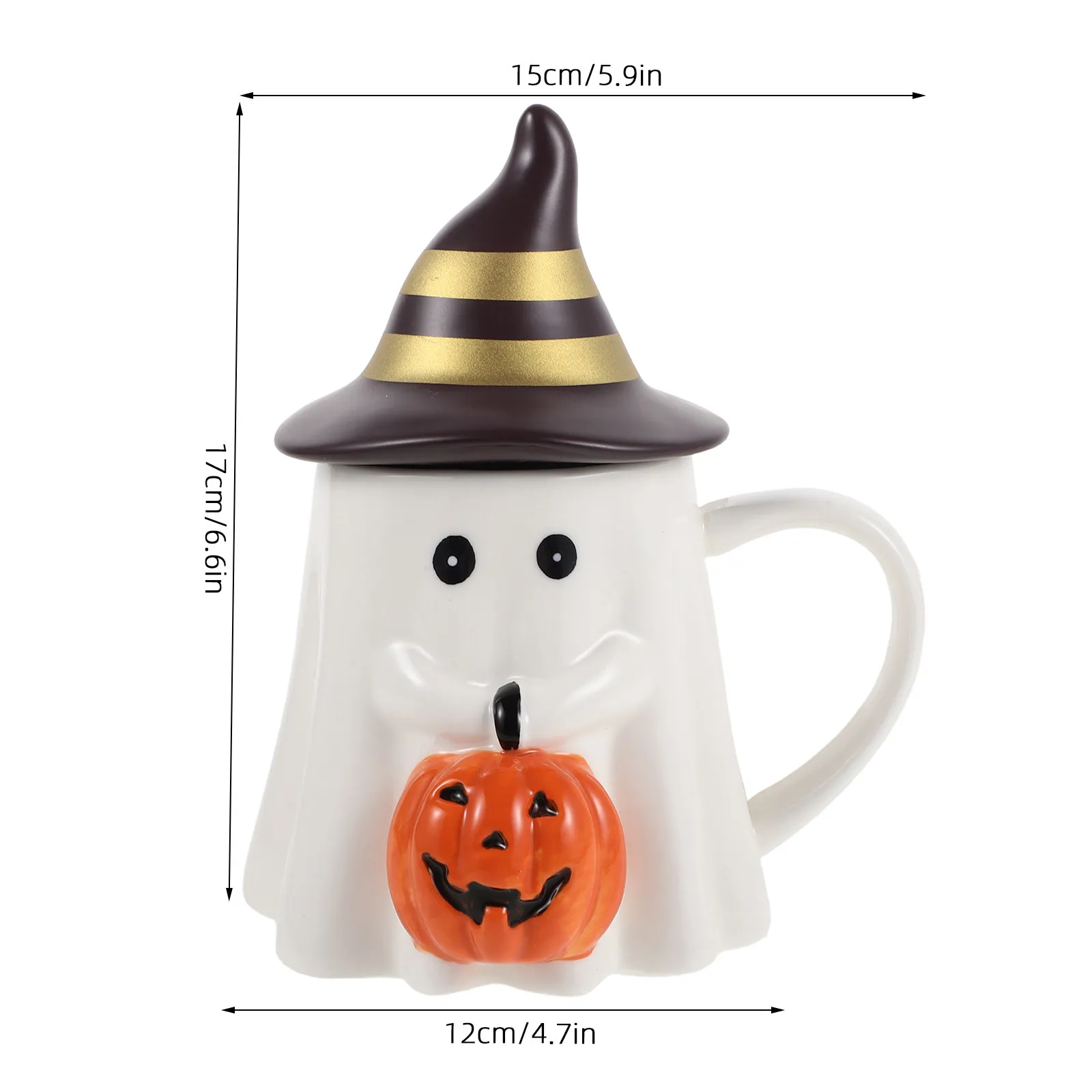 Halloween Ghost Pumpkin Ceramic Mug with Witch Hat Lid Seasonal Fall Coffee Cup Halloween Table Decor Spooky Gift Cups