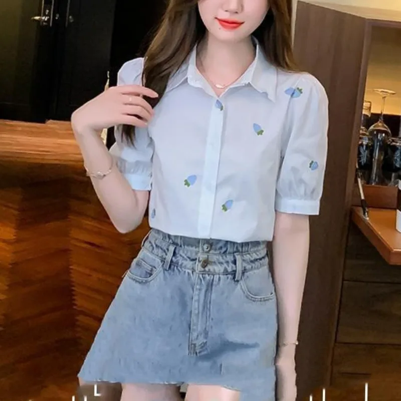 2024 Summer New Preppy Style Fashion Polo Neck Short Sleeve Chiffon Blouses Tops Printed Single-breasted Loose All-match Shirts