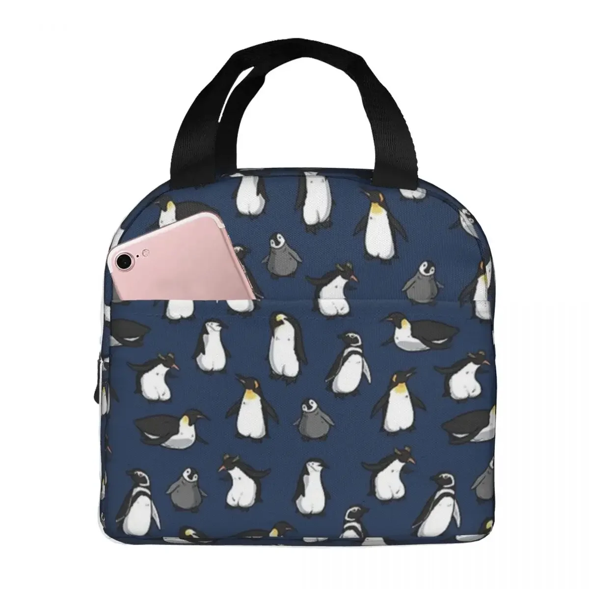 Cute Penguin Pattern (Dark Blue Variant) Lunch Bags Insulated Bento Box Portable Lunch Tote Picnic Bags for Woman Girl Office