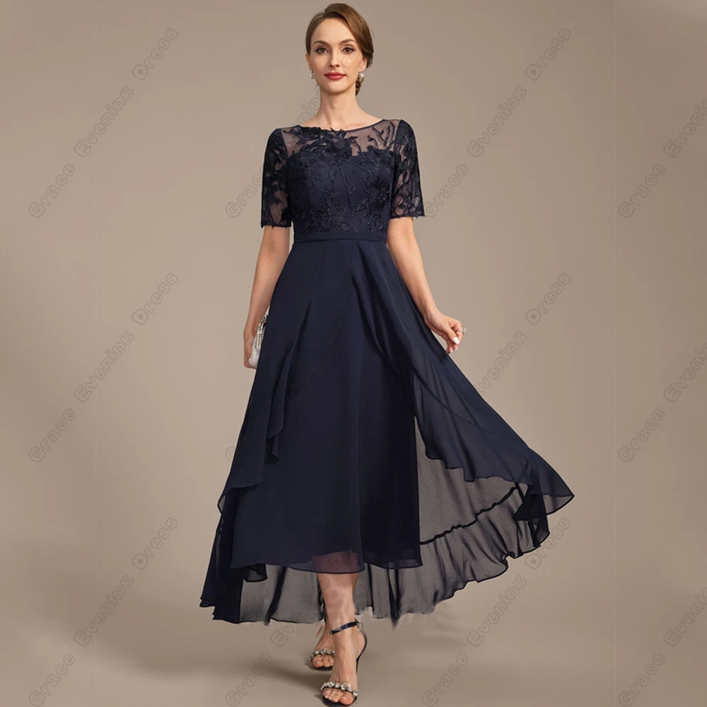 Scoop Mother of Bride Dresses with Lace 2024 Chiffon Half Sleeve Wedding Party Dresses for Women Tea Length Vestido De Novia