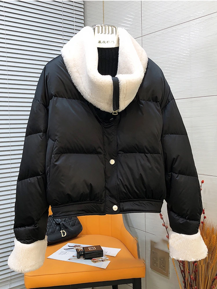 2025 Winter Warm Women's Coat Thick Goose Down Jacket Real Big Merino Sheep Fur Collar Jacket Female Streetwear