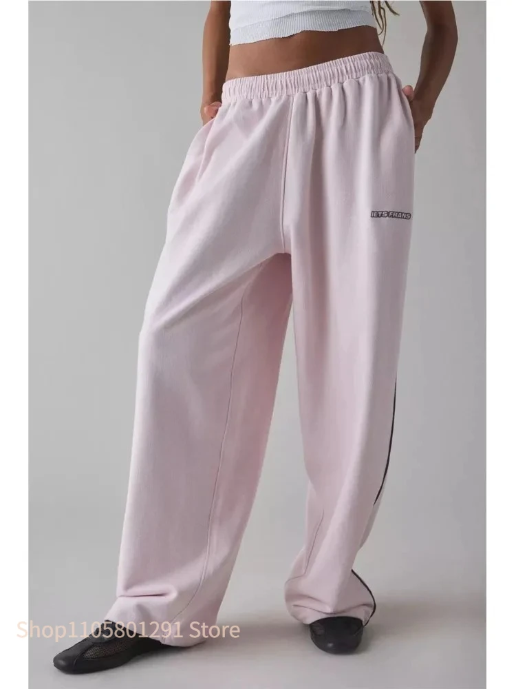 2026 Spring Autumn Pink Embroidered Casual Pants For Women Loose Straight Elastic Waist Trousers, Daily Home Street‑Wear Outfit