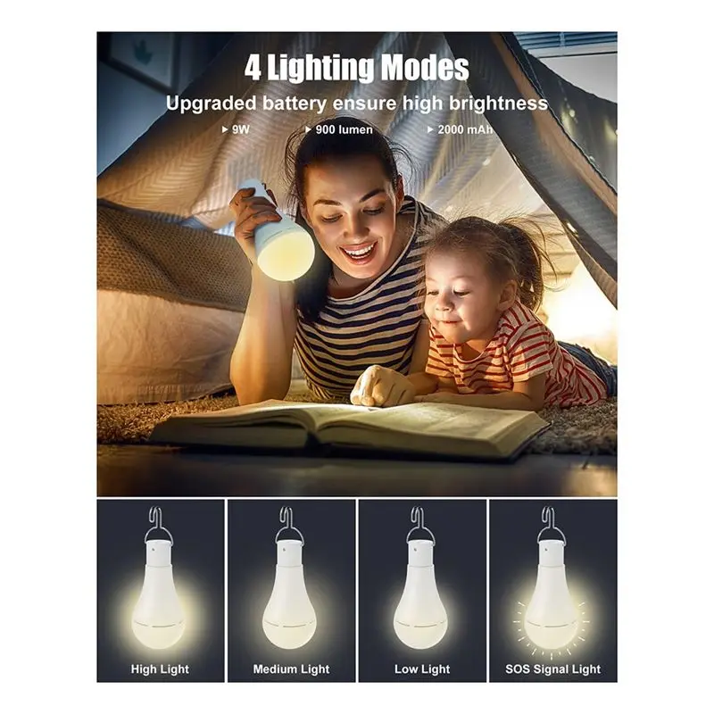 USB Rechargeable Light Bulb With Remote For Home Power Outage, With Hook White ABS+PC For Outdoor 2 Pack