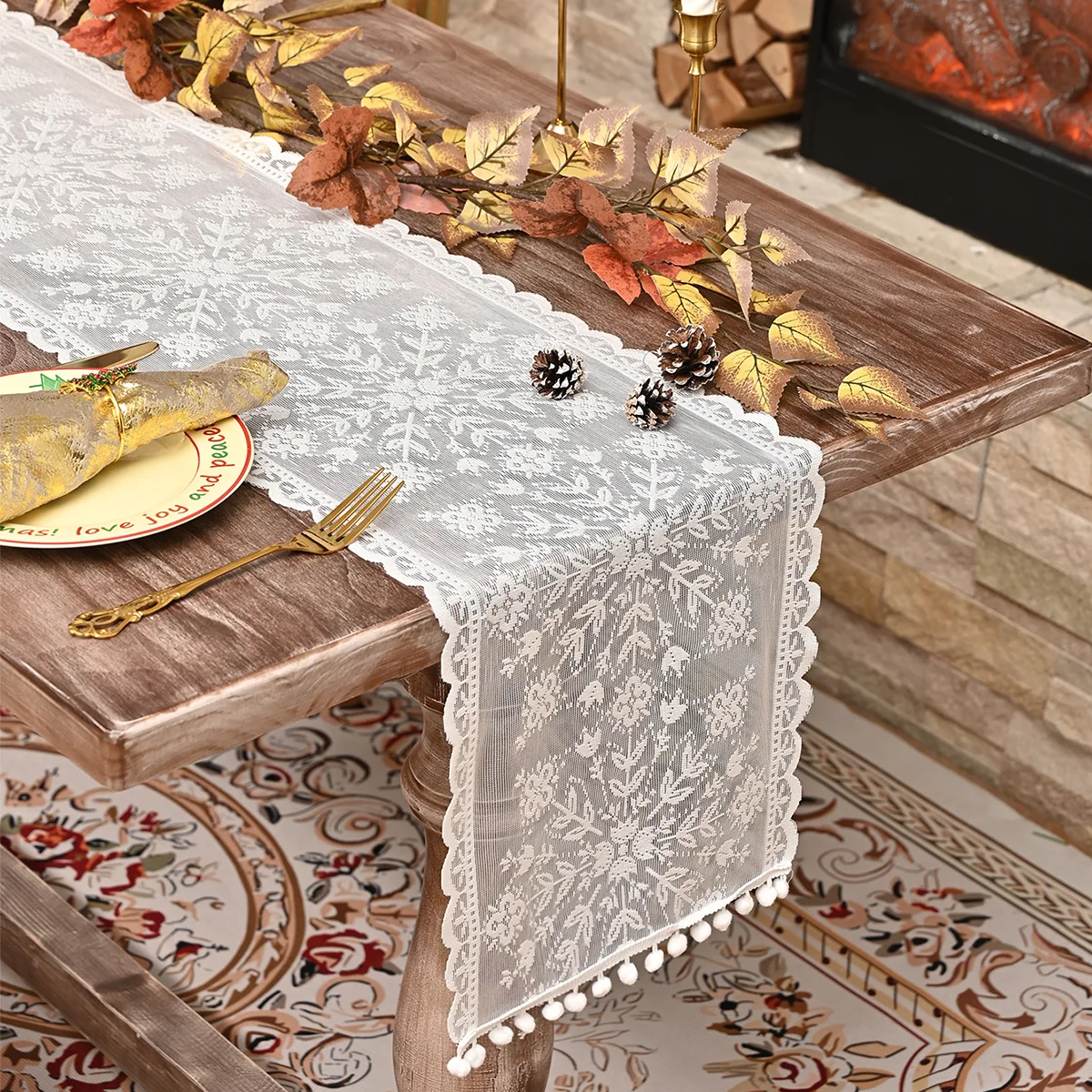 البوهيمي الكروشيه مكرميه الجدول عداء مع شرابات البيج الدانتيل مفرش المائدة خمر لمزرعة حفل زفاف زينة عيد الميلاد #3