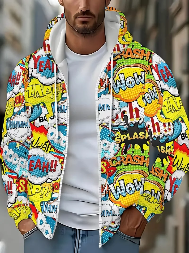 Casaco com capuz e fecho de correr para homem, com estampado de desenhos animados, ideal para uso casual ao ar livre na primavera e no outono, estilo 