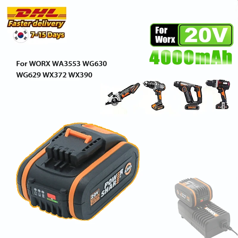 Литий-ионный аккумулятор 4,0 Ач для Worx 20 В, 4000 мАч для Worx WX390/WX176/WX166.4/WX372.1 WX800/WX678/WX550/WX532/WG894E WG629E/WG2