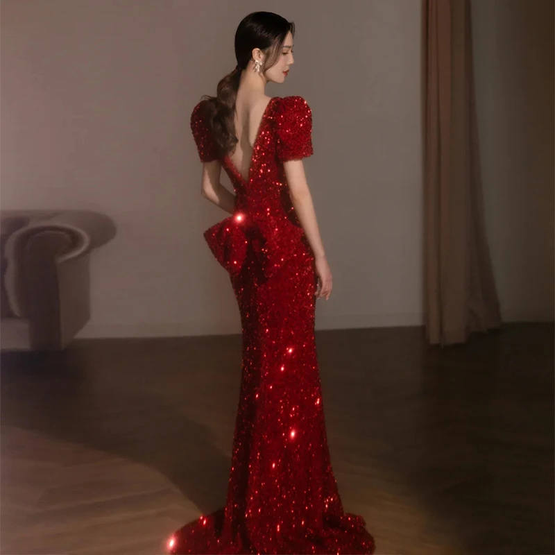

Элегантное красное свадебное платье, вечернее платье для женщин, с блестящими пайетками, коротким рукавом, V-образным вырезом, длиной в пол, пошитое на заказ для свадебного банкета