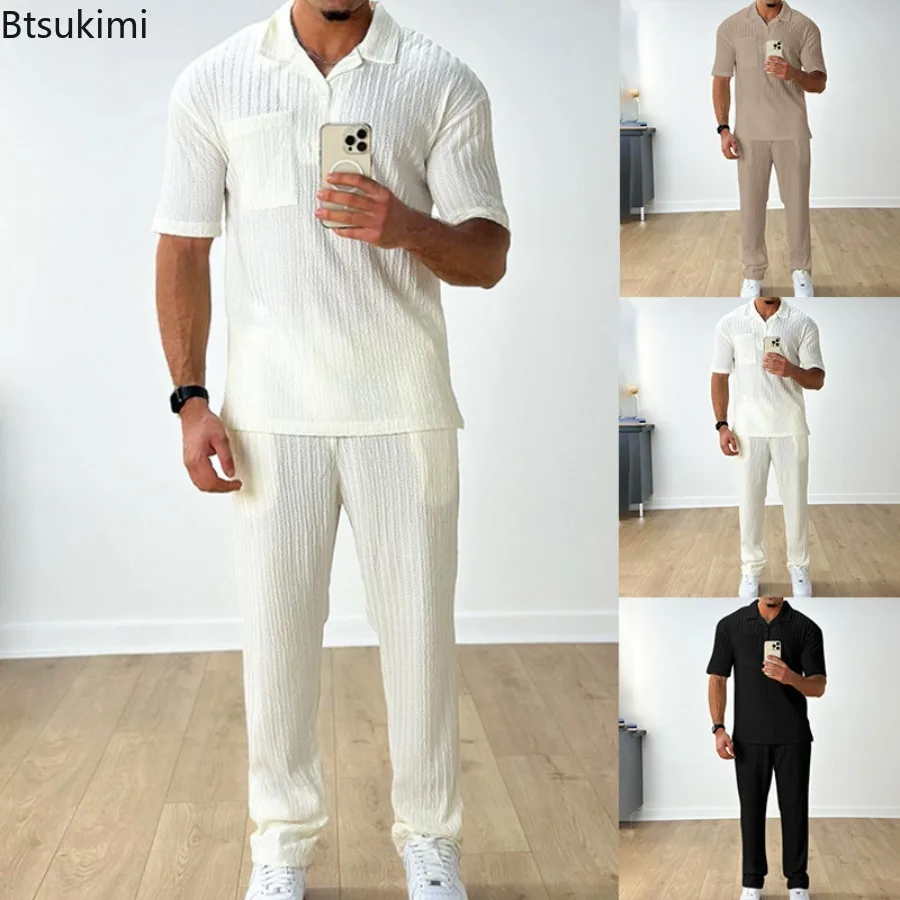

2026 New Men's Casual Outfits Spring Summer Tracksuits Fashion Solid Short Sleeve Polo Shirts and Pants Two Piece Sets for Men