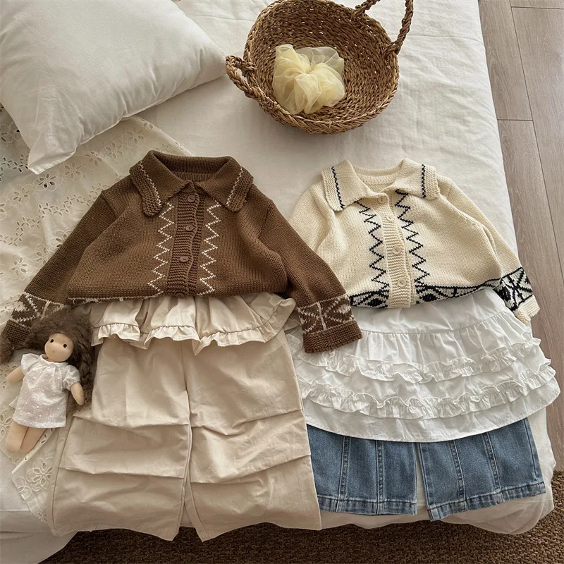 Children Knitted Sweater 2025 Autumn New Contrast Lapel Baby Girls Knitted Sweater Cardigan Boys Coat Outerwear