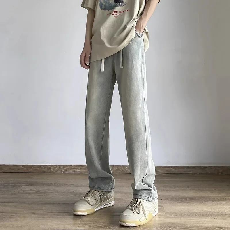 الرجال النمط الياباني الرباط ضوء غسل الدنيم السراويل مرونة الخصر فضفاضة مستقيم الساق واسعة أسفل عارضة السراويل #3
