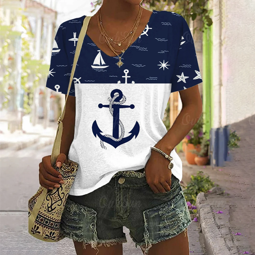 Summer Oversized T-Shirts Anchor Print Top For Women\'s Clothing V-Neck Female Fashion Plus Size 2024 New Style T-Shirt For Women