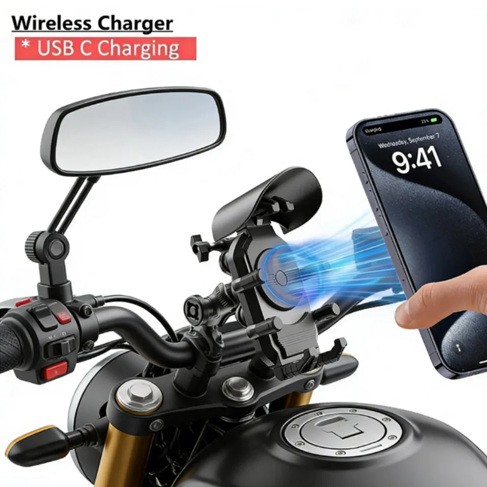 

Противоугонный держатель для телефона на мотоцикл с беспроводной зарядкой 360° ° Вращающаяся противоударная подставка для телефона на руль мотоцикла/зеркало заднего вида