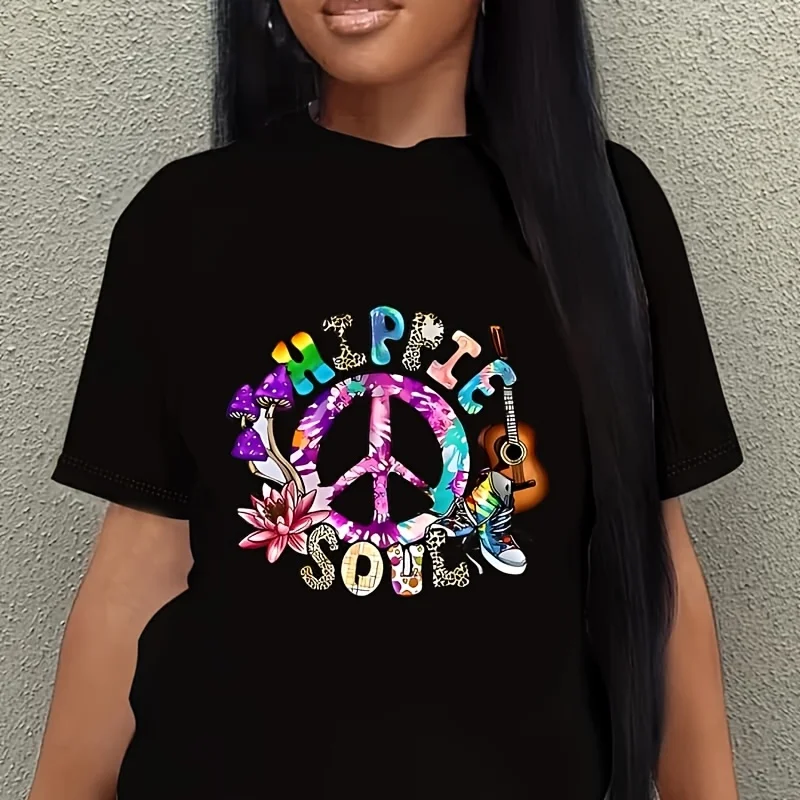 Vibrant Peace Sign & Floral Design Women's Plus Size T-Shirt 100% Cotton 220g