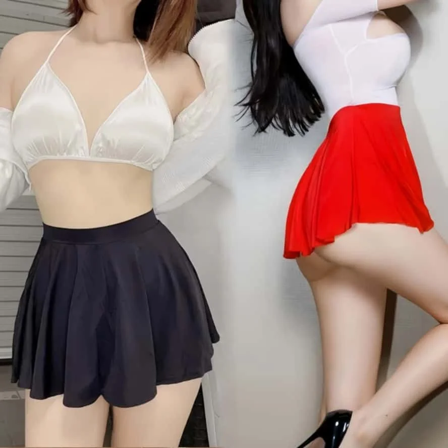 NEW Low Waist Ultra silk Short Pleated Skirt XL sheer Sexy Black White A-Line thin Mini Skirts for Womens Night Club Wear Summer