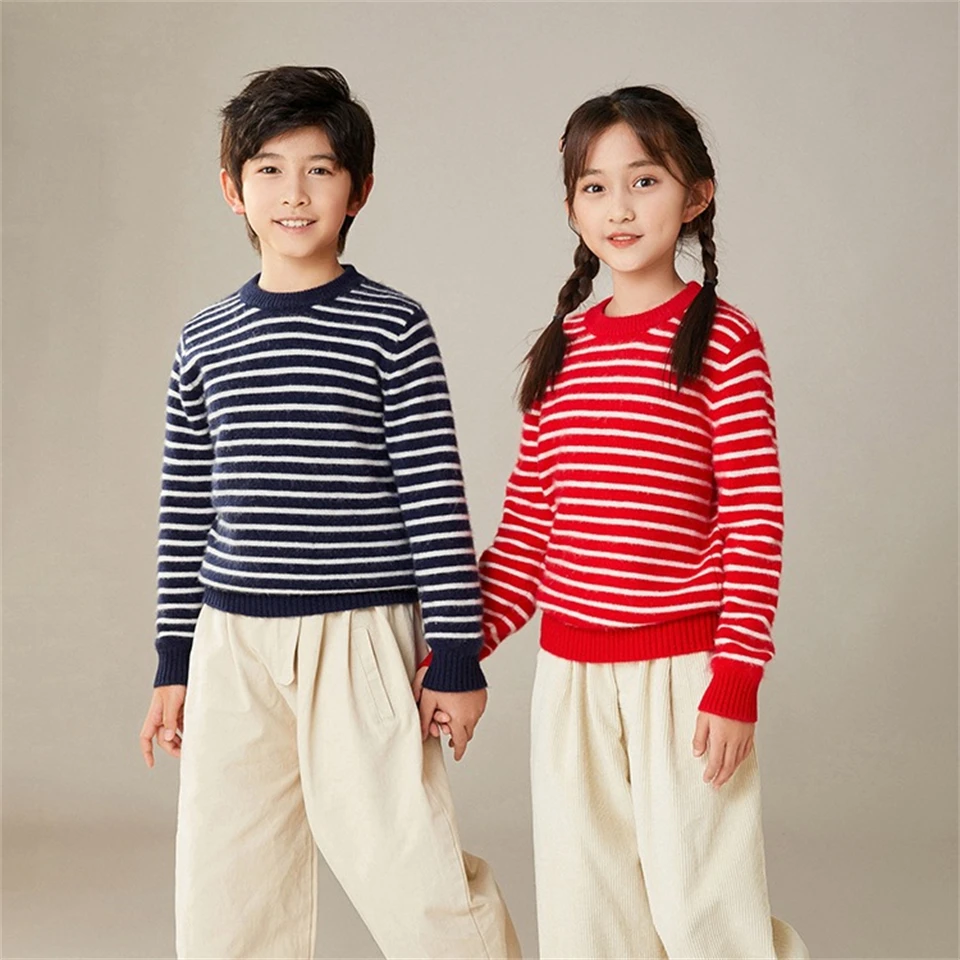 

Children color blocking 100% cashmere sweater Boys girls round neck striped thickened sweater Winter Long sleeved Childrens tops