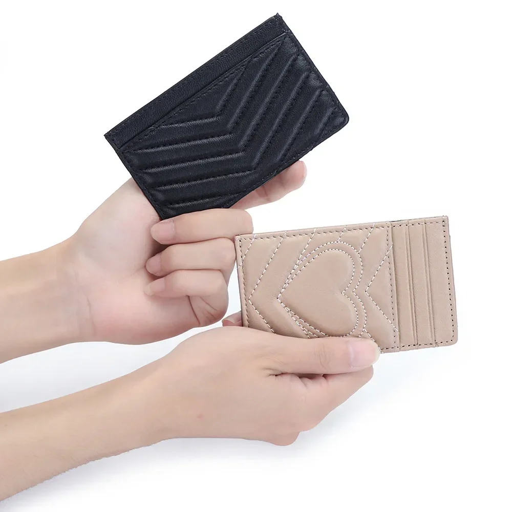 Sheepskin embroidered card bag Thin one-piece document storage Women's portable card holder leather premium coin wallet