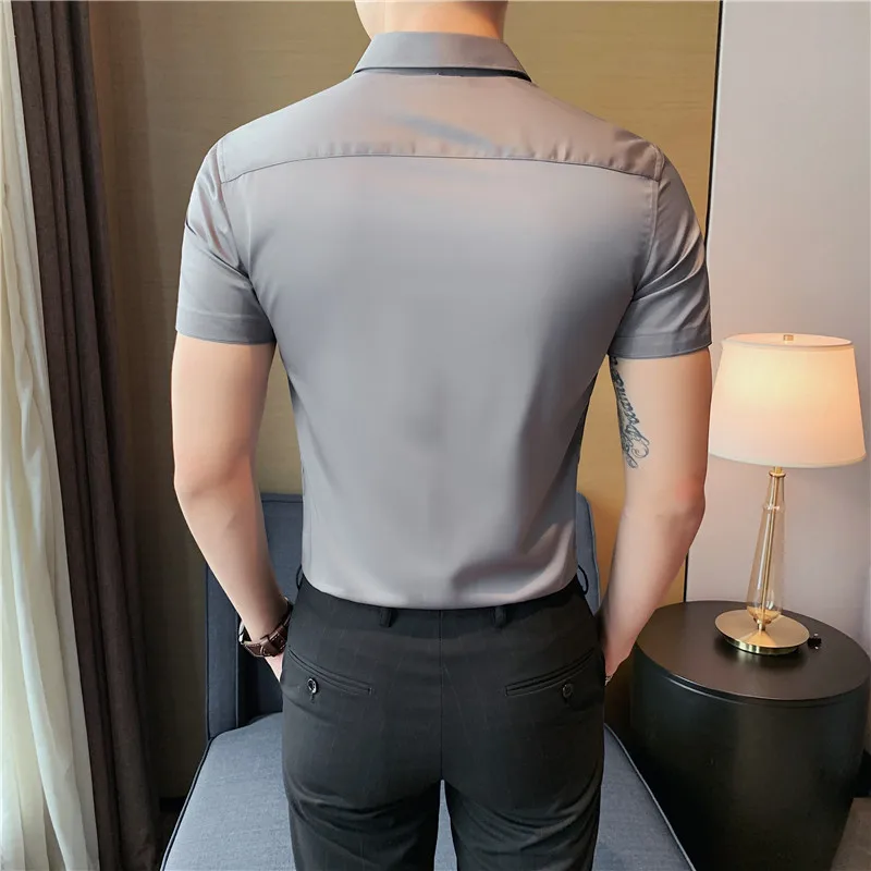 High Elasticity Seamless Shirts Men Top Quality Luxury Short Sleeve Concealed Placket Shirt Men Business Slim Social Dress Shirt