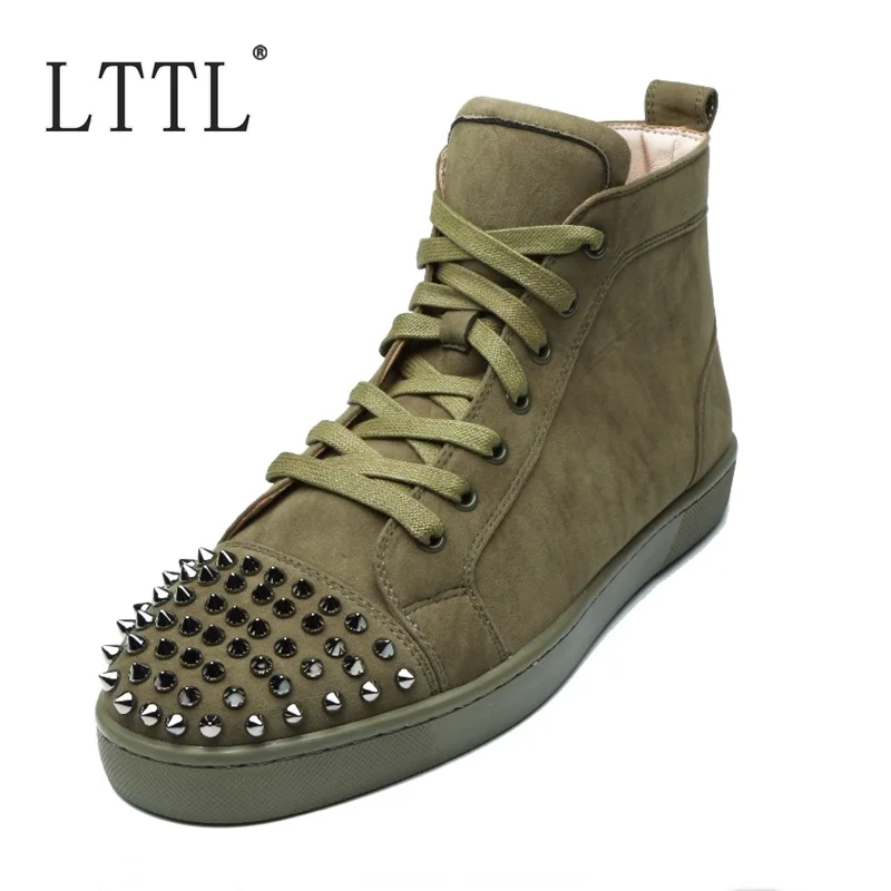 Luxury Brand Green Suede Sneakers Men Casual Shoes High Quality Rivet Shoes Men Lace-up Leather Shoes Mens Sneakers