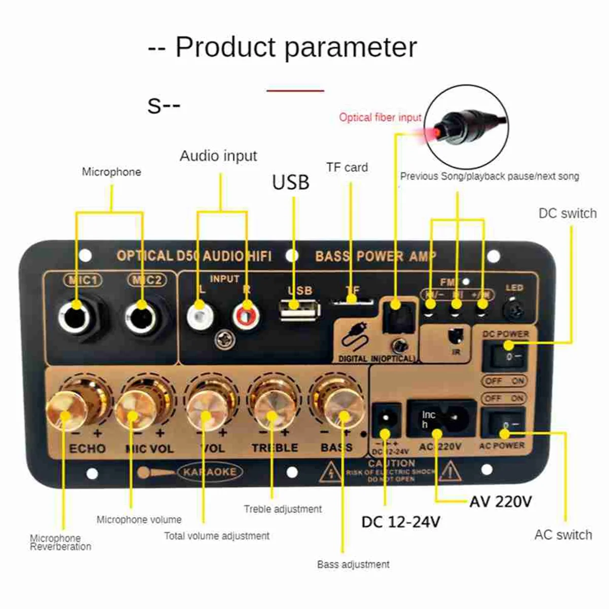 Placa Amplificadora Digital Bluetooth com Entrada De Áudio Óptica, Subwoofer De Karaoke, Karaoke Em Casa E Carro, Plug EUA