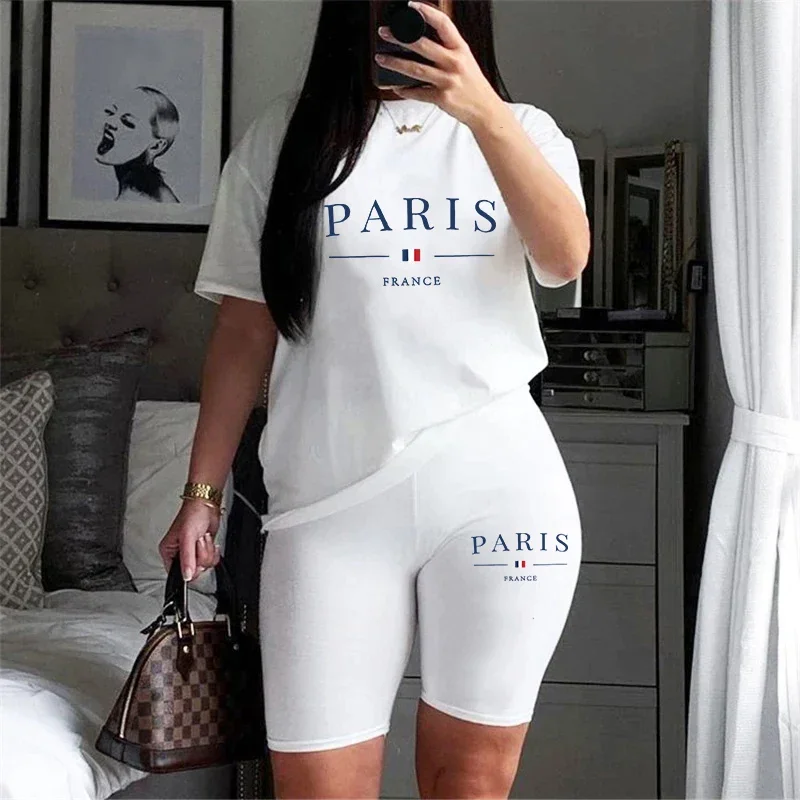 Gran oferta, ropa con cuello redondo para mujer, pantalones cortos, chándal informal para mujer, conjuntos de dos piezas de verano para mujer, camisetas, traje a juego de manga corta