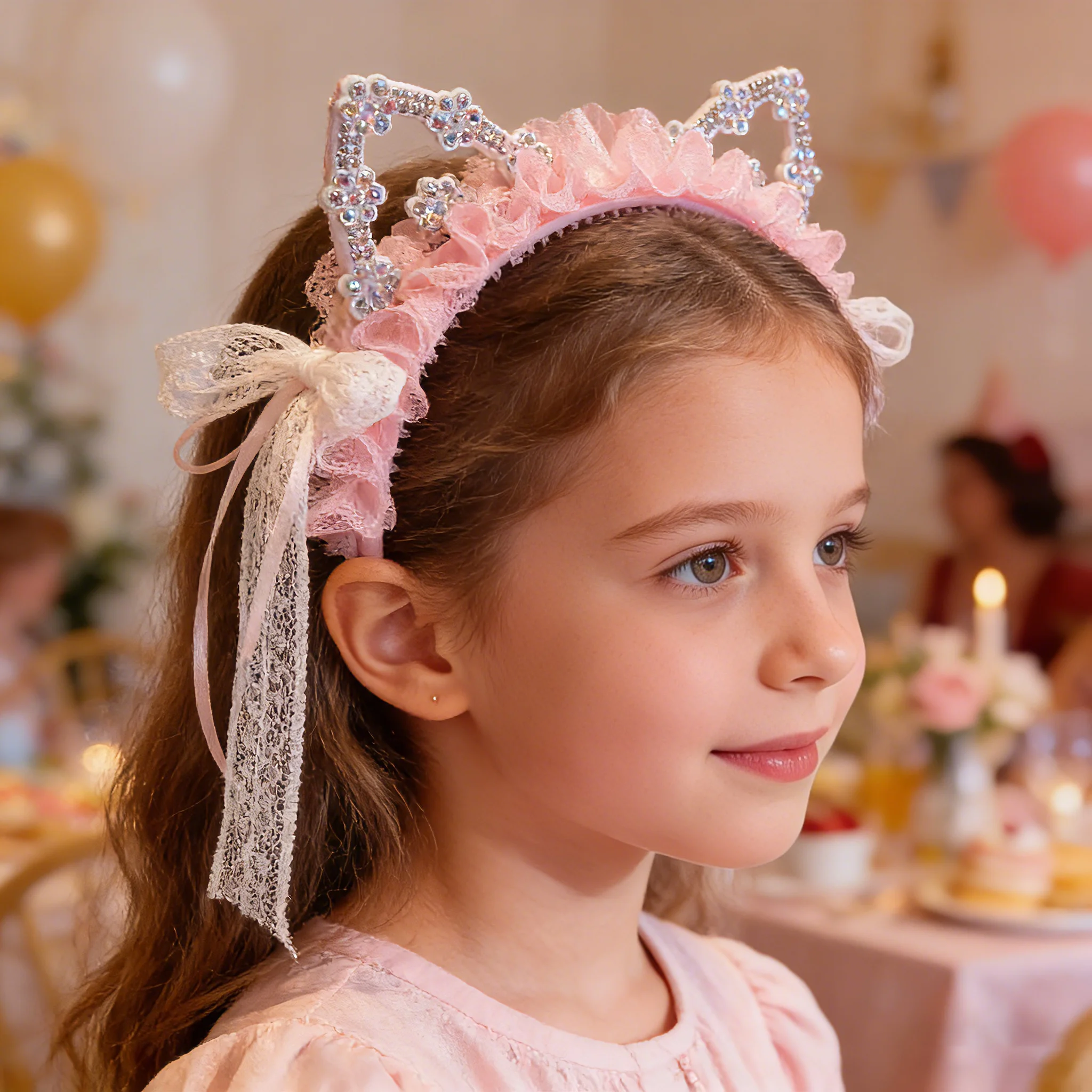 Nova Tiara de Princesa com Orelhas de Gato 2026, Faixa de Cabelo Rosa e Azul com Cristais e Fita Franzida para Meninas, Presente de Festa para Crianças