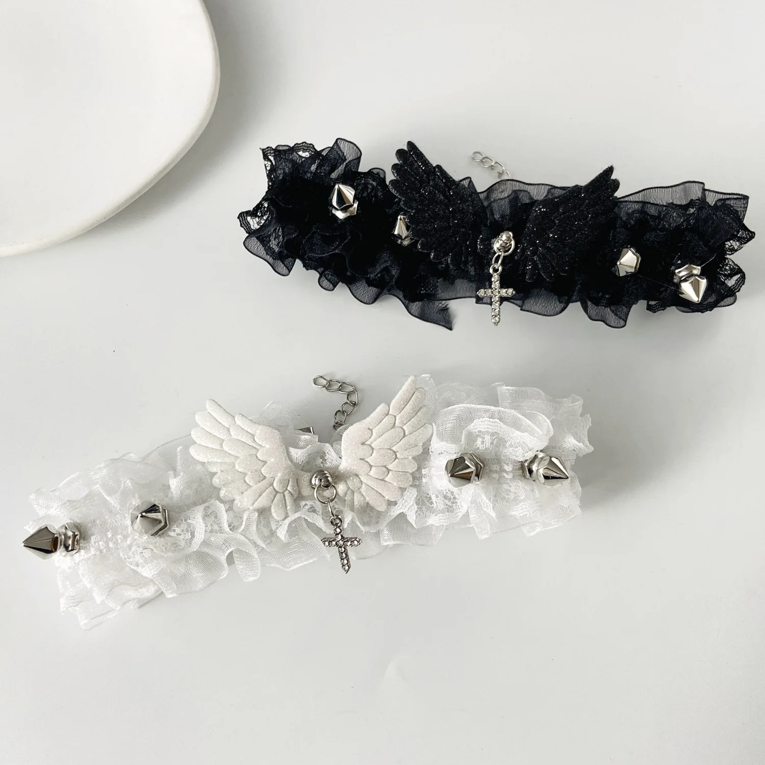 Sexy Schwarz Weiß Spitze Lolita Halsband Goth Kristall Kreuz Anhänger Engel Flügel Niet Halskette für Frauen Charme Party Schmuck Geschenk – Detail 8