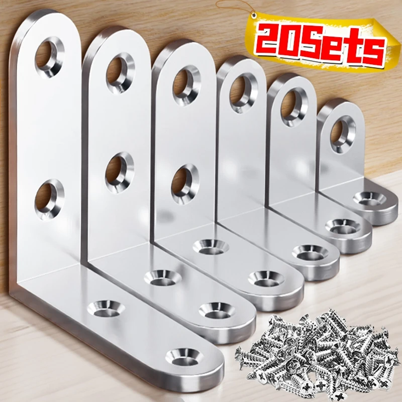 

20/1Sets Stainless Steel L Shaped Corner Brackets 90 Degree Right Angle Bracket Fasteners for Wood Furniture Cabinet Connectors