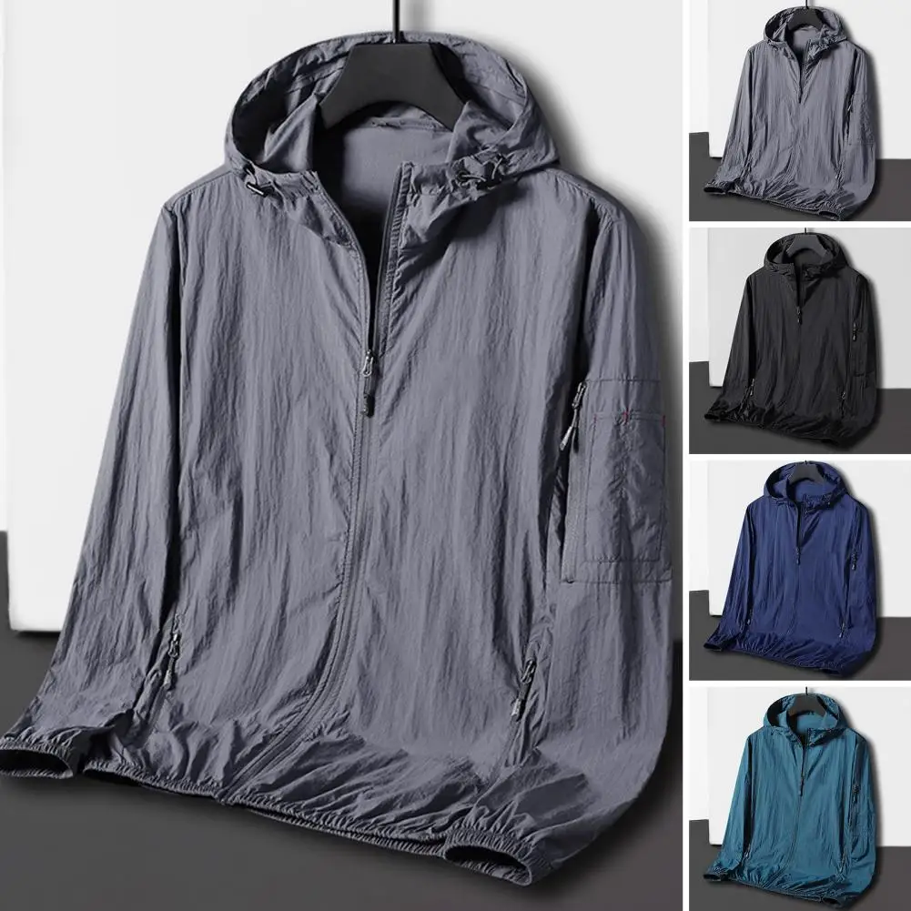 

Men Spring Summer Sunscreen Clothing Solid Color Men Hooded Jacket Sun Protection Jacket with Zipper Placket Pockets Outwear