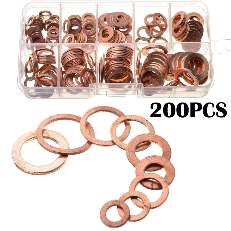 

200pcs M5-M14 Solid Copper Washers Professional Hardware Accessories Flat Ring Sump Plug Oil Seal Gasket Assorted Set