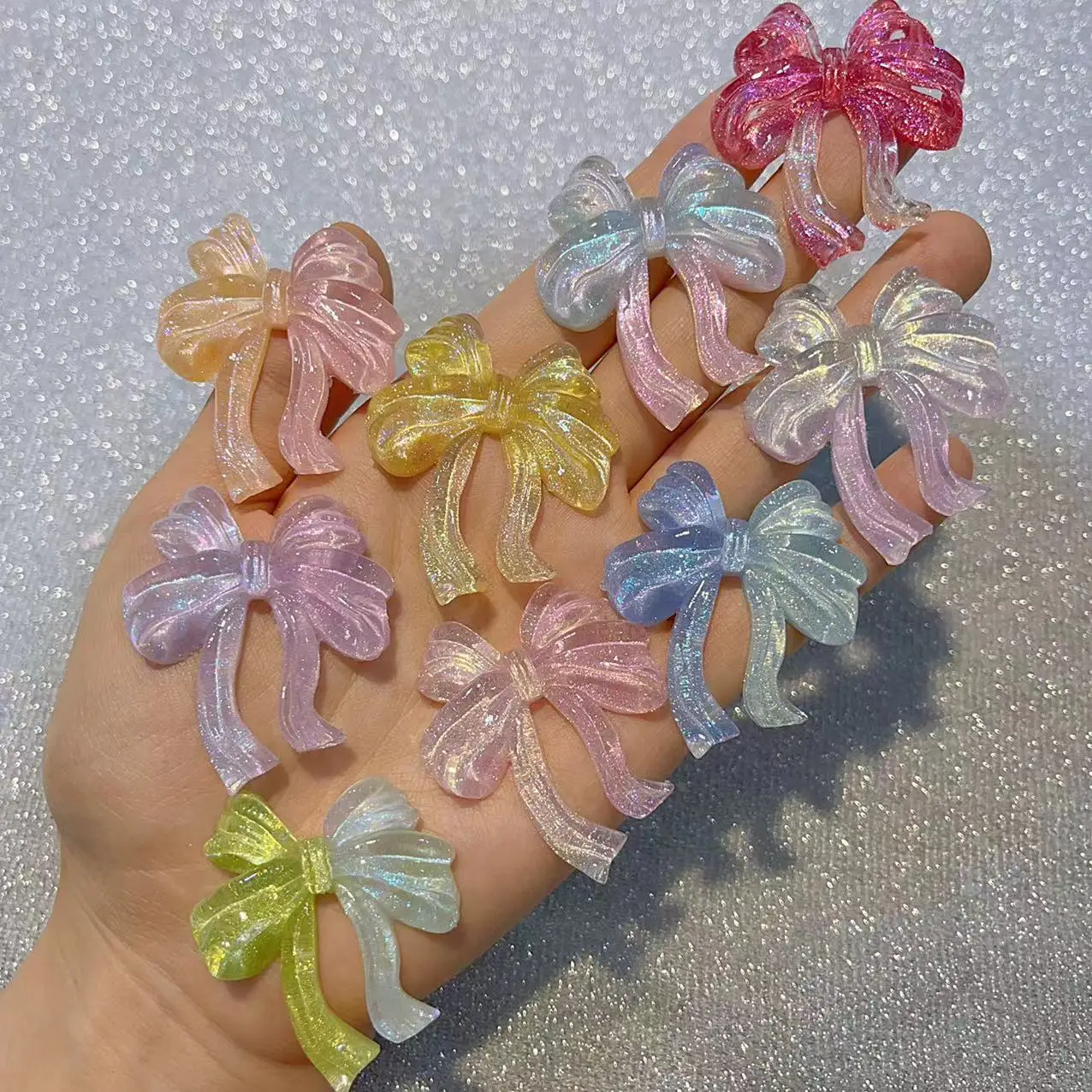 

Ice Through Long Ribbon Bow Parts Decoration 44×44mm Kawaii 3d Butterfly Bow Resin Charm Rhinestone Diy Firefly Luminous Figures