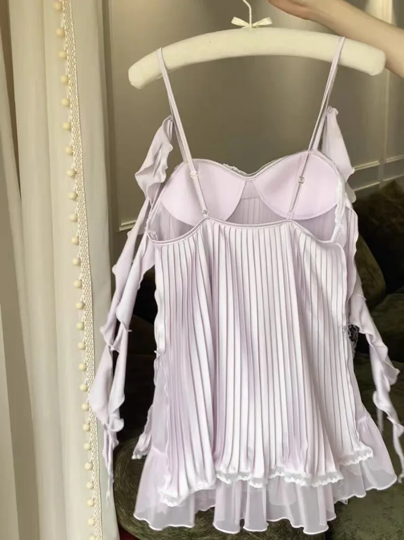 Sweet Sleepwear Women Soft Silk Chiffon Pleated Suspender Pajama Off Shoulder Lingerie Sexy Loose Puff Wrinkle Nightgowns 2026 5