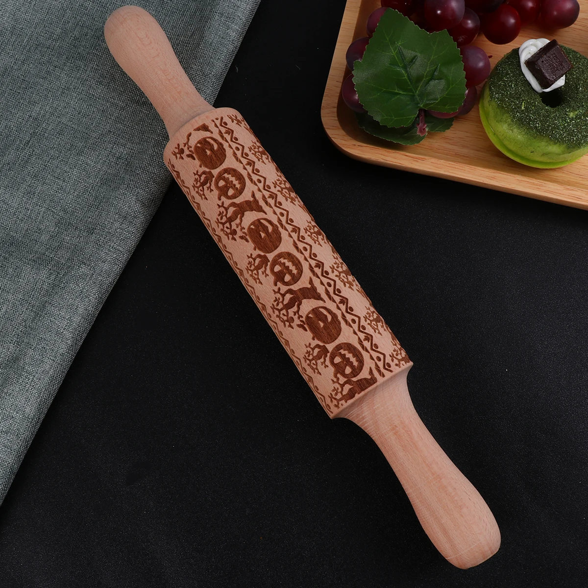 

Engraved Rolling Pin Pumpkin Pattern Wooden Ideal Halloween Baking Tools DIY Clay Dough Crafts Non Slip H Sturdy