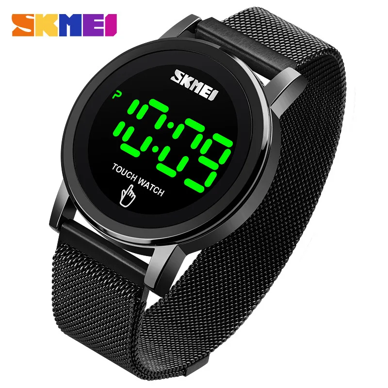 Skmei Touchscreen gewöhnliche Mode elektronische Uhr Herren lässig LED wasserdichte Herren Stahl Mesh Gürtel Magnet Snap Uhr