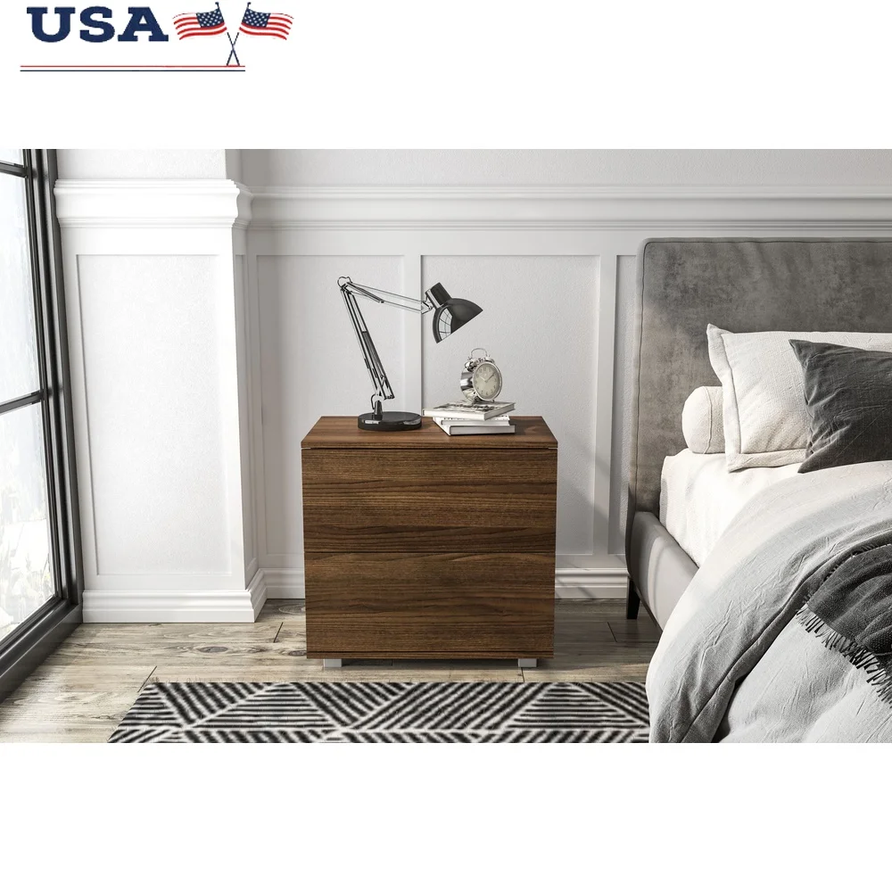 

Modern 2 Drawer Nightstand Walnut Engineered Wood Melamine Finish Bedroom Storage Classic Design Assembly Required Metal Glides