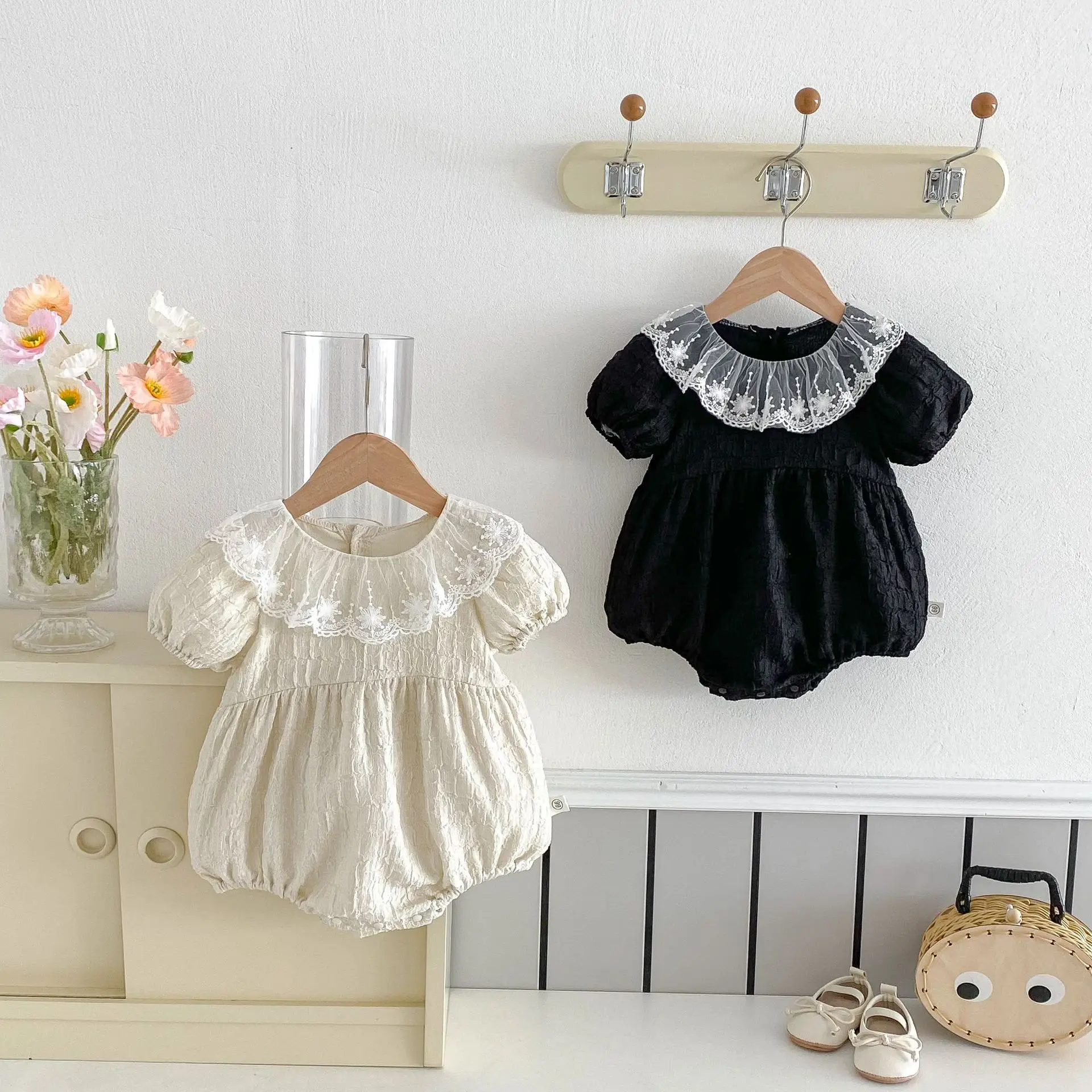 2025 Summer New Baby Girl Cute Lace Collar Short Sleeve Bodysuit Solid Infant Sweet Princess Jumpsuit Newborn Thin Clothes 0-24M