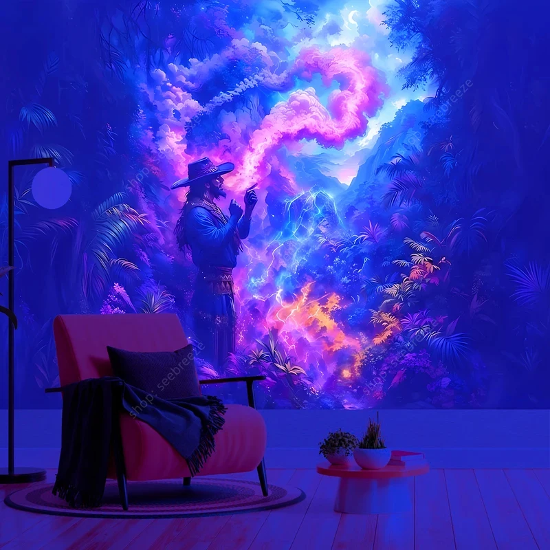 VIKAMA UV-Fluoreszierender Wandteppich Schamanische Kosmische Energie Mystische Galaxie Wandbehang Boho Psychedelische Heim- und Bürodekoration Kunststoff