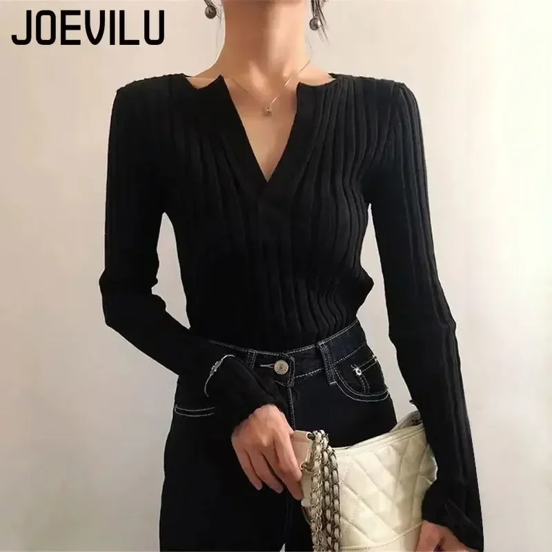 JOEVILU Knitted Sweater V-neck Bottom Top Women\'s Thin Outfit Pullover Korean Fashion Y2k Clothes Babes Goth Black Skinny Jumper