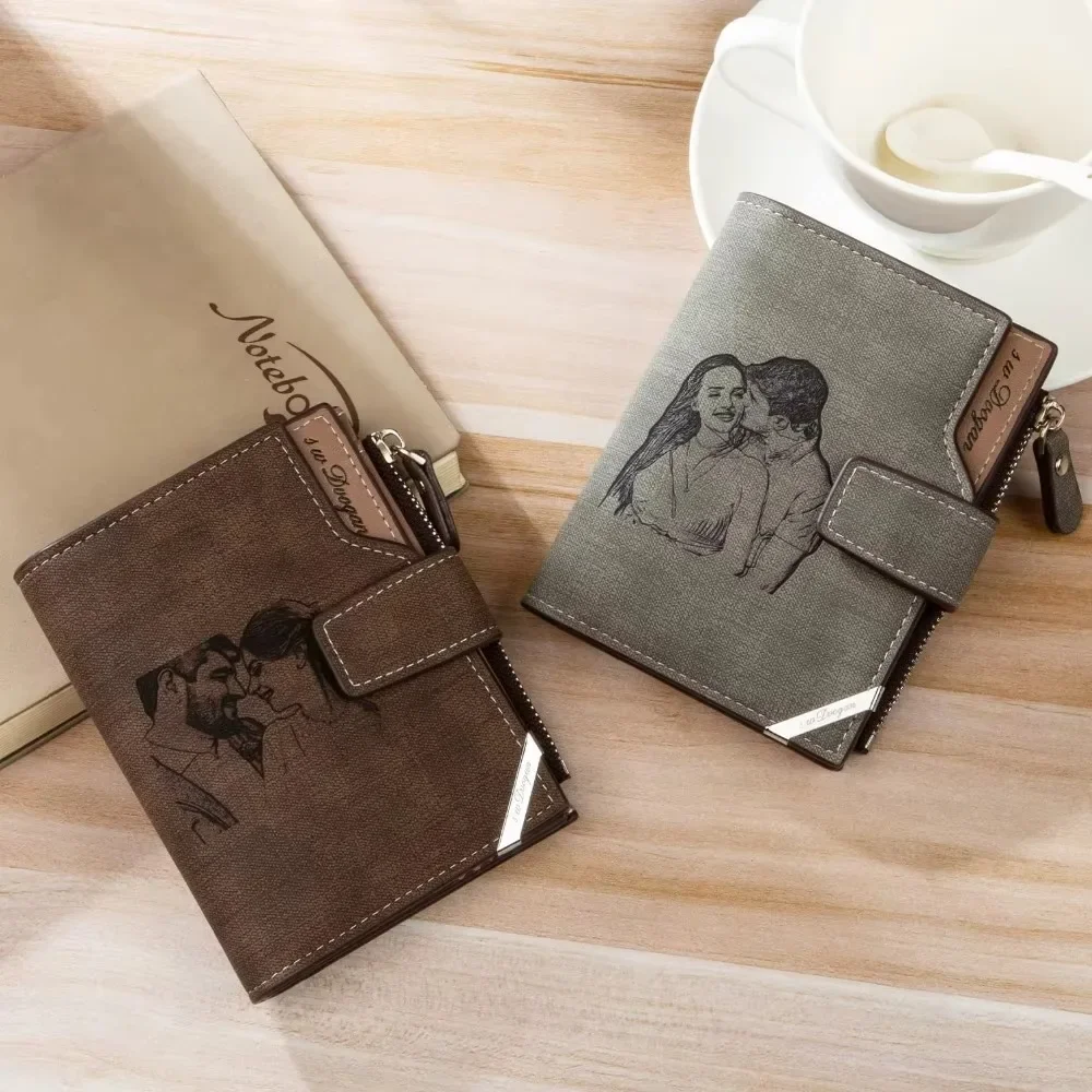 Custom Picture Text Short Wallet with Zipper Personalized Photo Men Wallet Coin Pocket Father's Mother's Day Gift for Men Him