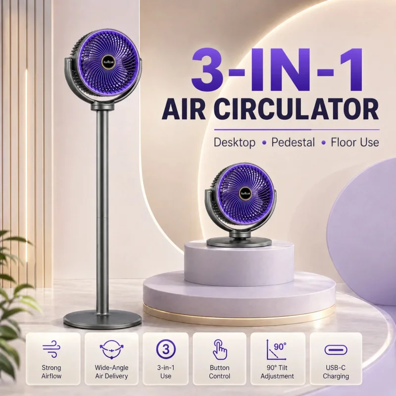 2-in-1 Modern Air Circulator Fan 5 Speeds 4 Heights Quiet Portable Pedestal Stand Fan USB-C for Home Bedroom Office RV Camping