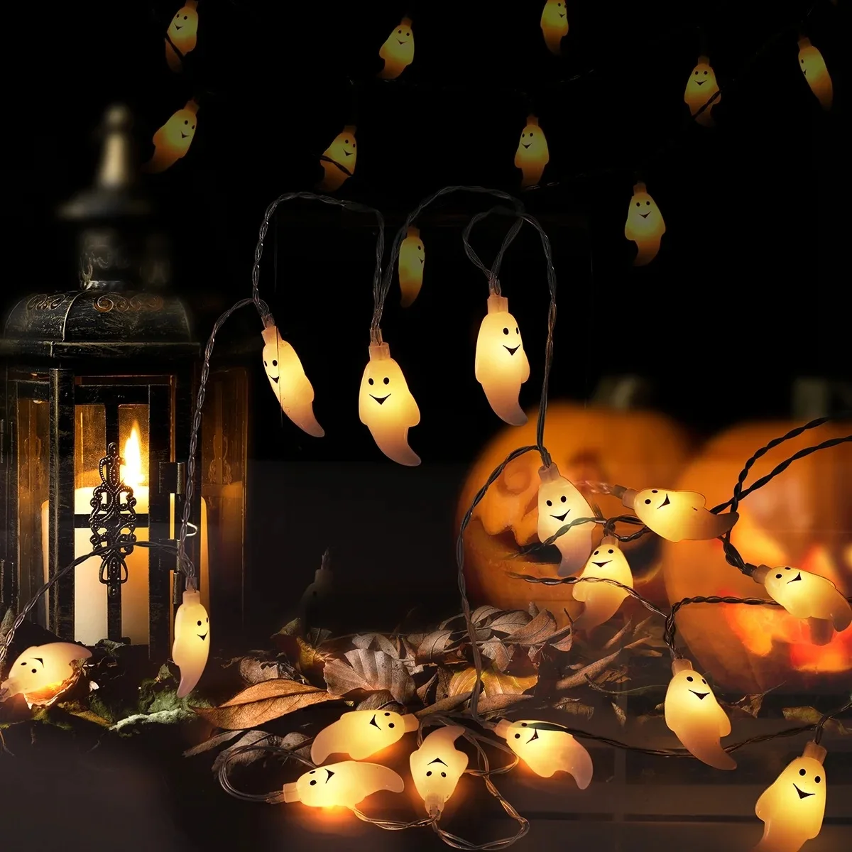 1pc 10/20 LED White Ghost Halloween Horrible Atmosphere String Light Battery Powered Hanging Lamp For Home Bedroom Garden Decor